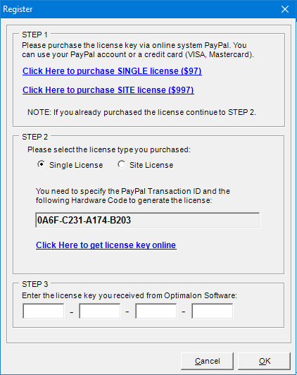 Registration form for single license.